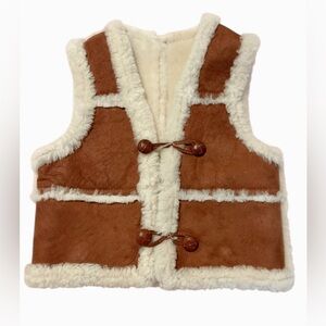 Vintage Kids Leather Shearling Vest Natural Sheepskin Lambskin Gilet Size S 3-5Y